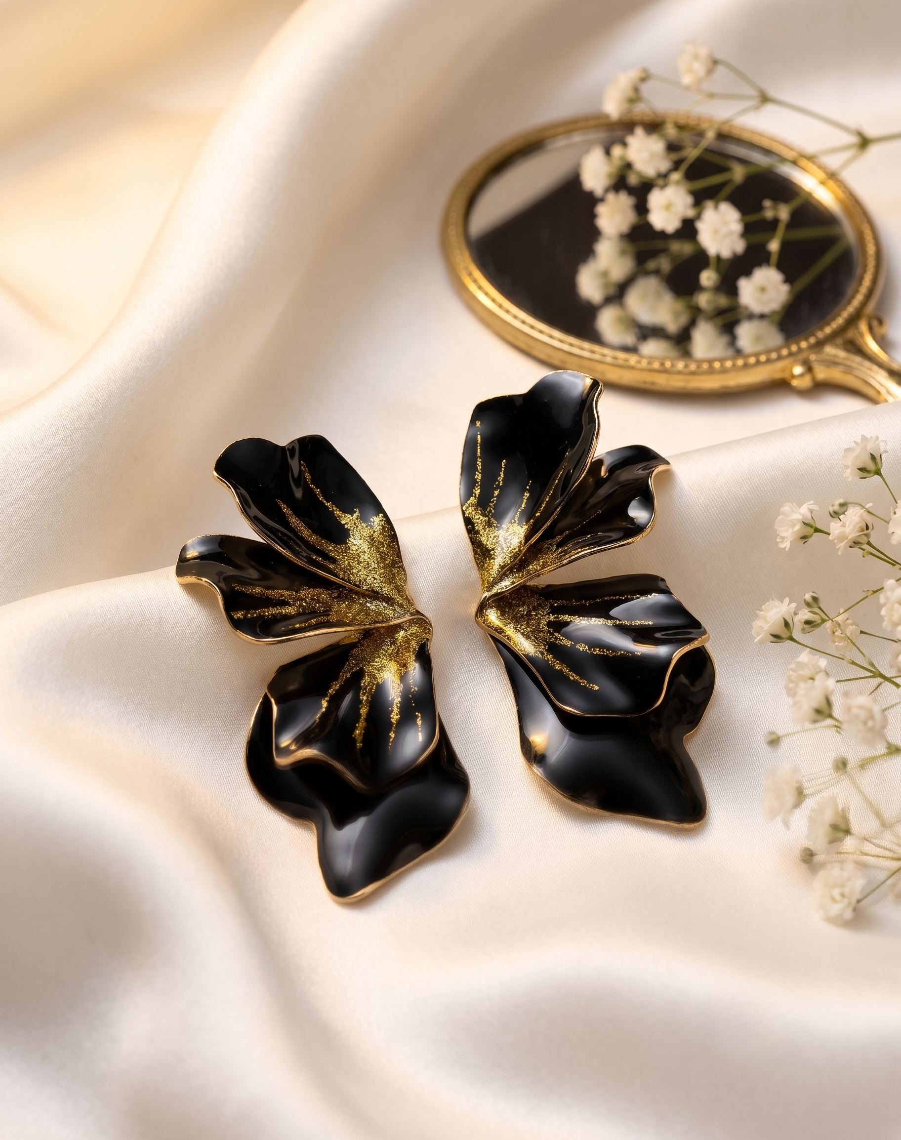 Black Glitter Petal Statement Earrings