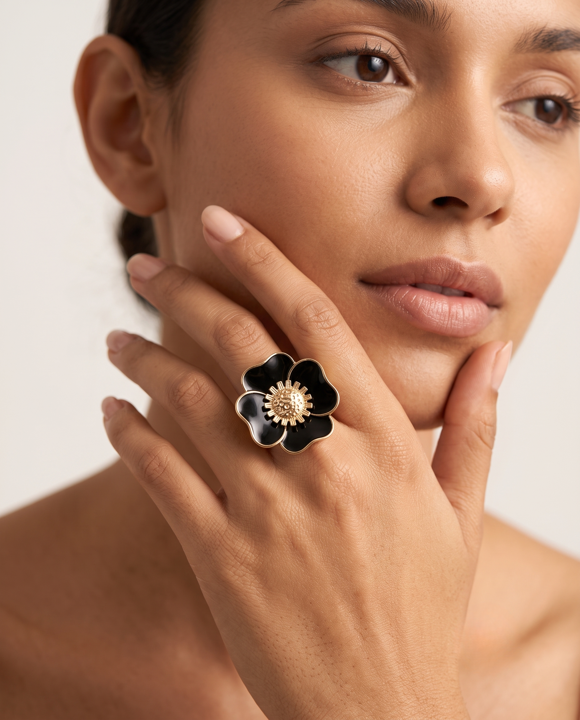 Noir Blossom Black Enamel Floral Ring