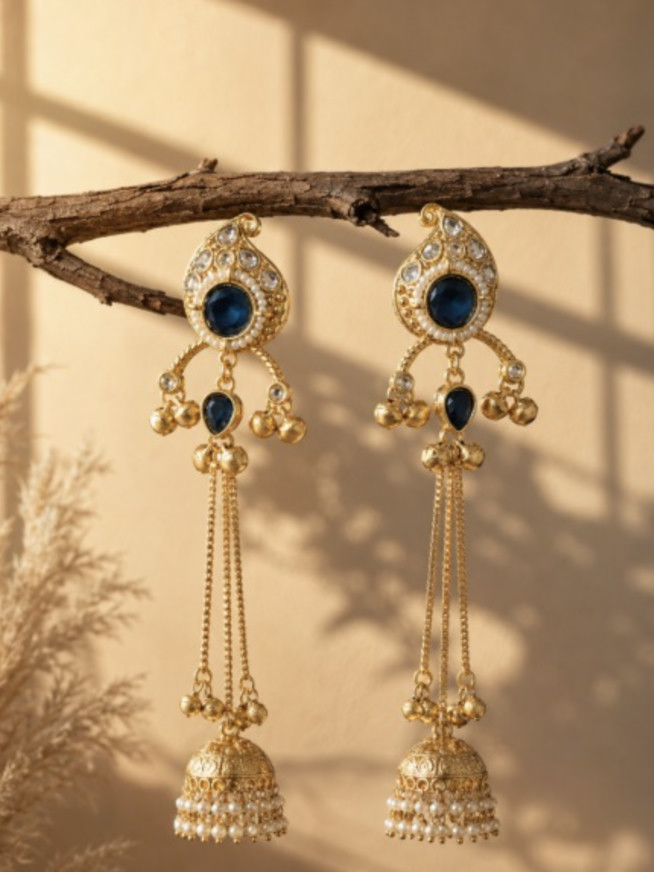 Navy Blue Kundan Long Gold-tone Jhumki