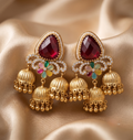 Ruby Red 3-Tier Antique Gold Jhumki
