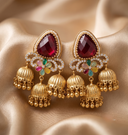 Ruby Red 3-Tier Antique Gold Jhumki