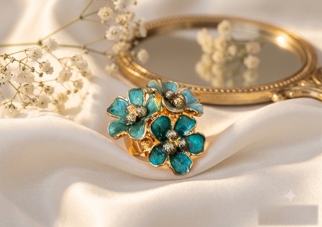 Emerald Bloom Teal Enamel Floral Ring