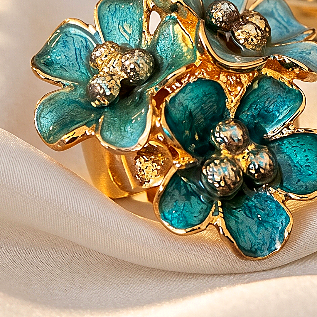 Emerald Bloom Teal Enamel Floral Ring