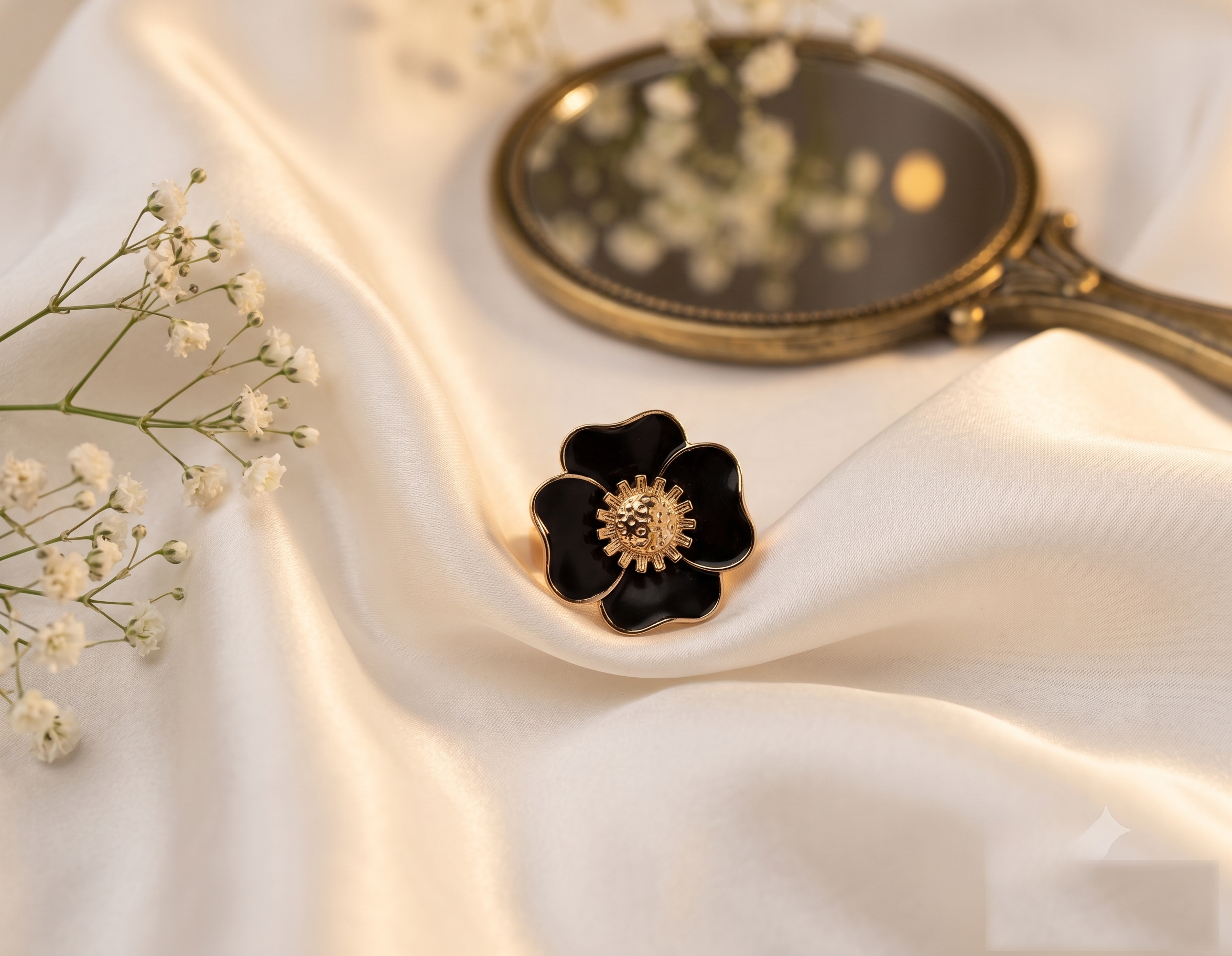 Noir Blossom Black Enamel Floral Ring