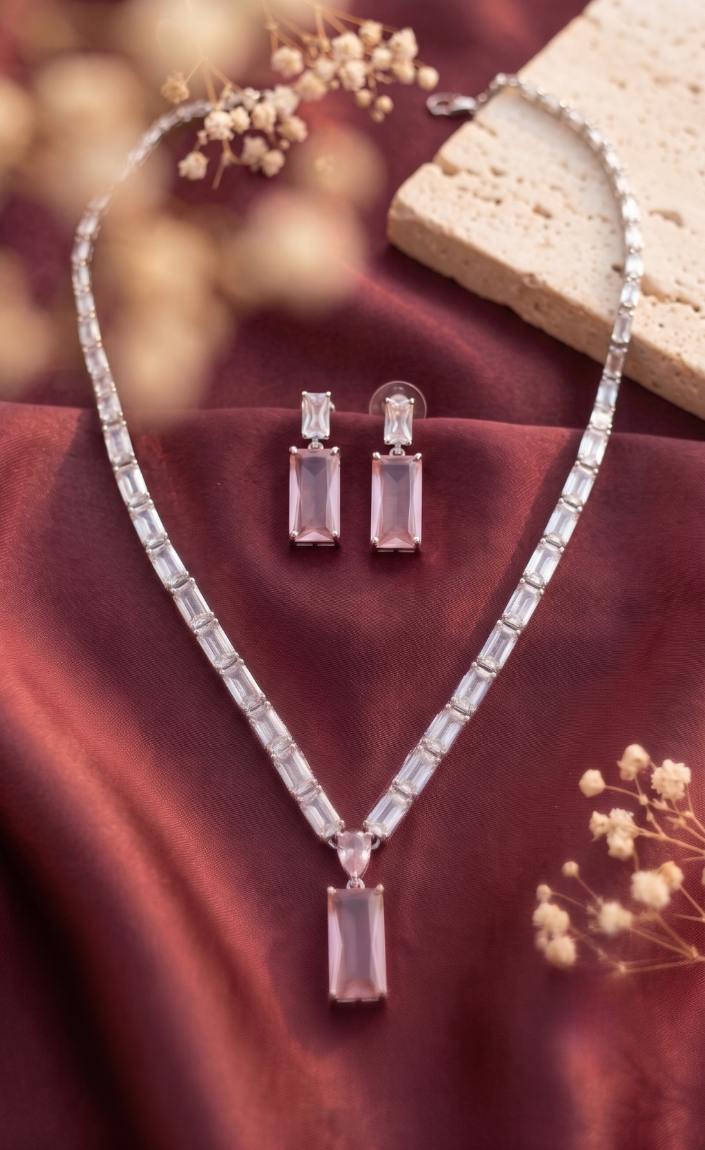 Pink Pendant CZ Silver Choker Set