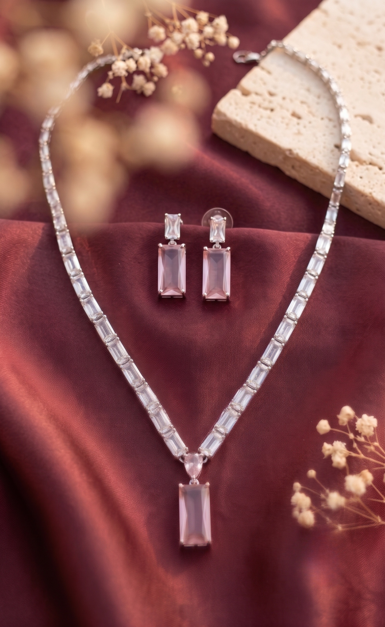 Pink Pendant CZ Silver Choker Set