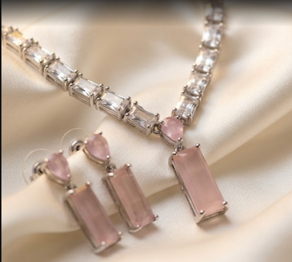 Pink Pendant CZ Silver Choker Set