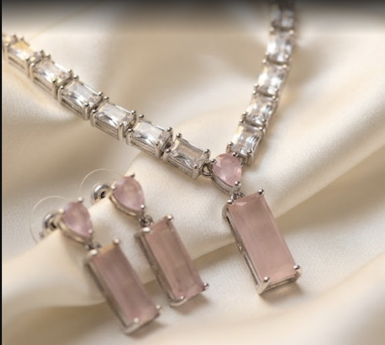 Pink Pendant CZ Silver Choker Set