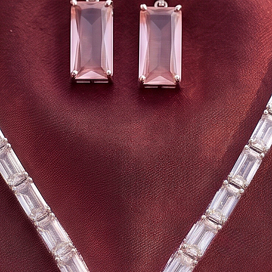Pink Pendant CZ Silver Choker Set