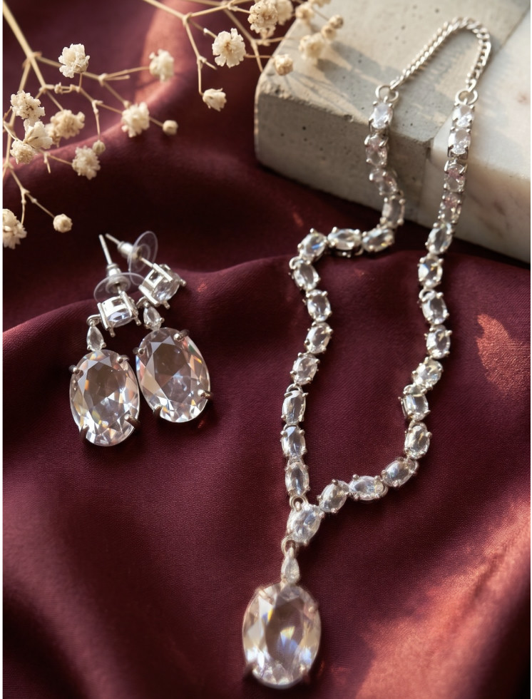 Clear CZ Silver Choker Necklace & Earring Set