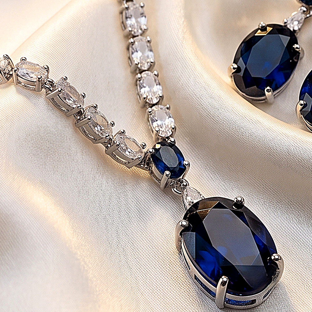 Sapphire Blue Pendant CZ Choker Set
