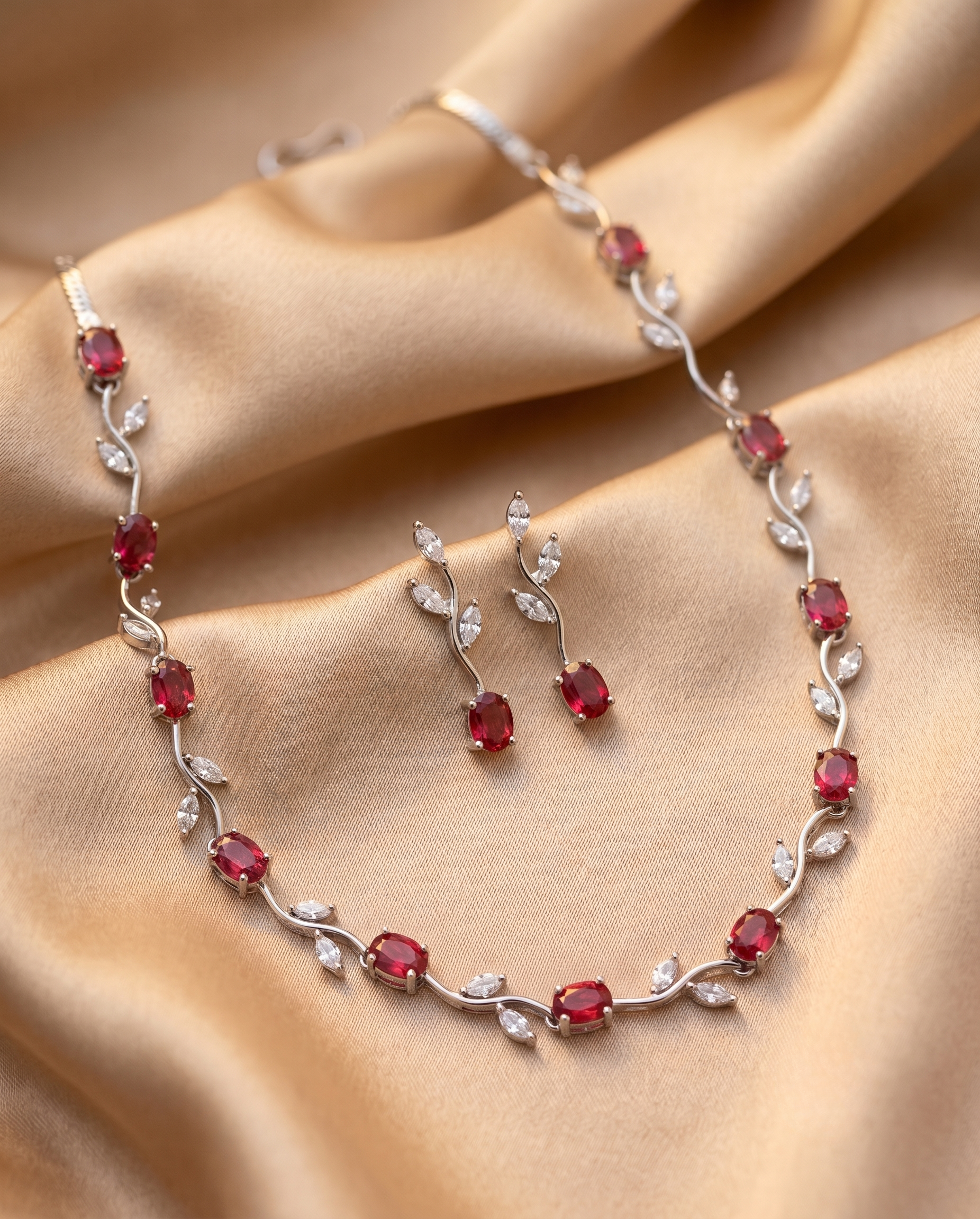 Tulip Pink Stone Silver Necklace & Earring Set