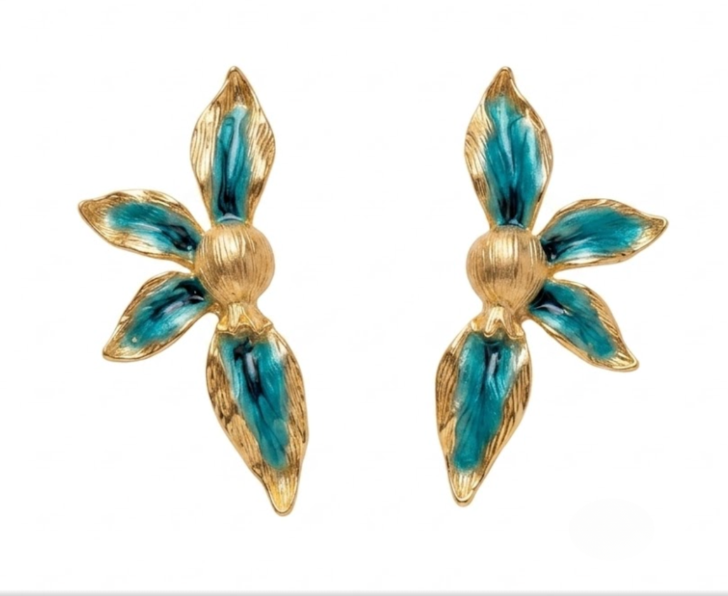Teal Enamel Floral Statement Earrings