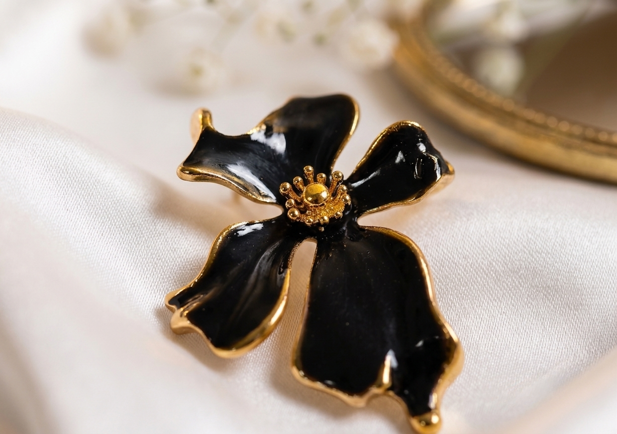 Black Glossy Enamel Floral Statement Earrings – anti-tarnish by PremRaga