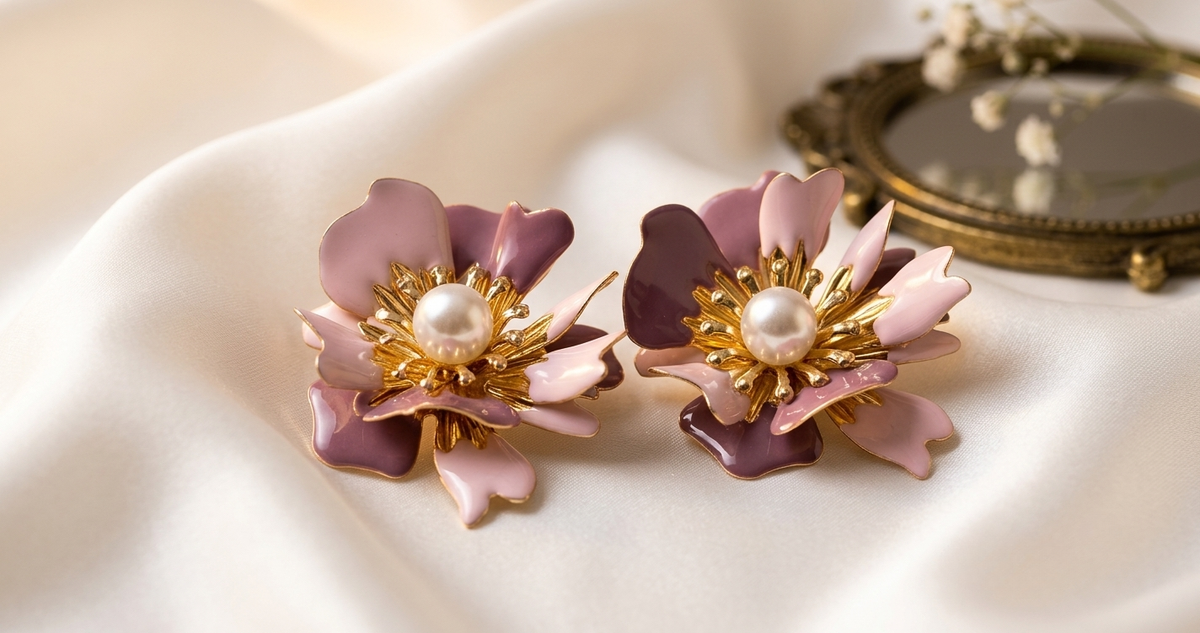 Mauve & Pink Dual Floral Pearl Earrings