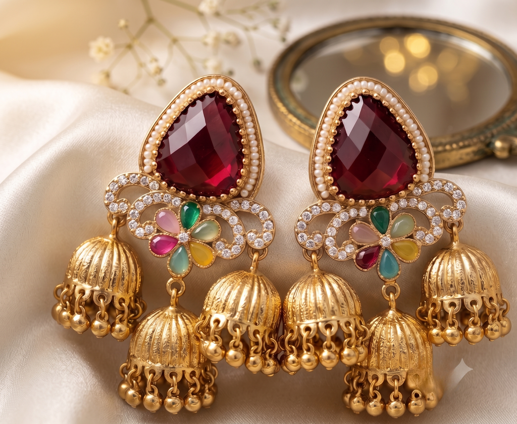 Ruby Red 3-Tier Antique Gold Jhumki