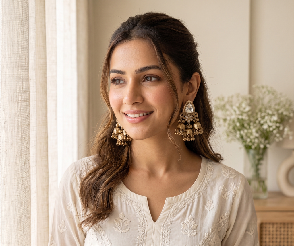 Crystal Clear 3-Tier Antique Gold Jhumki