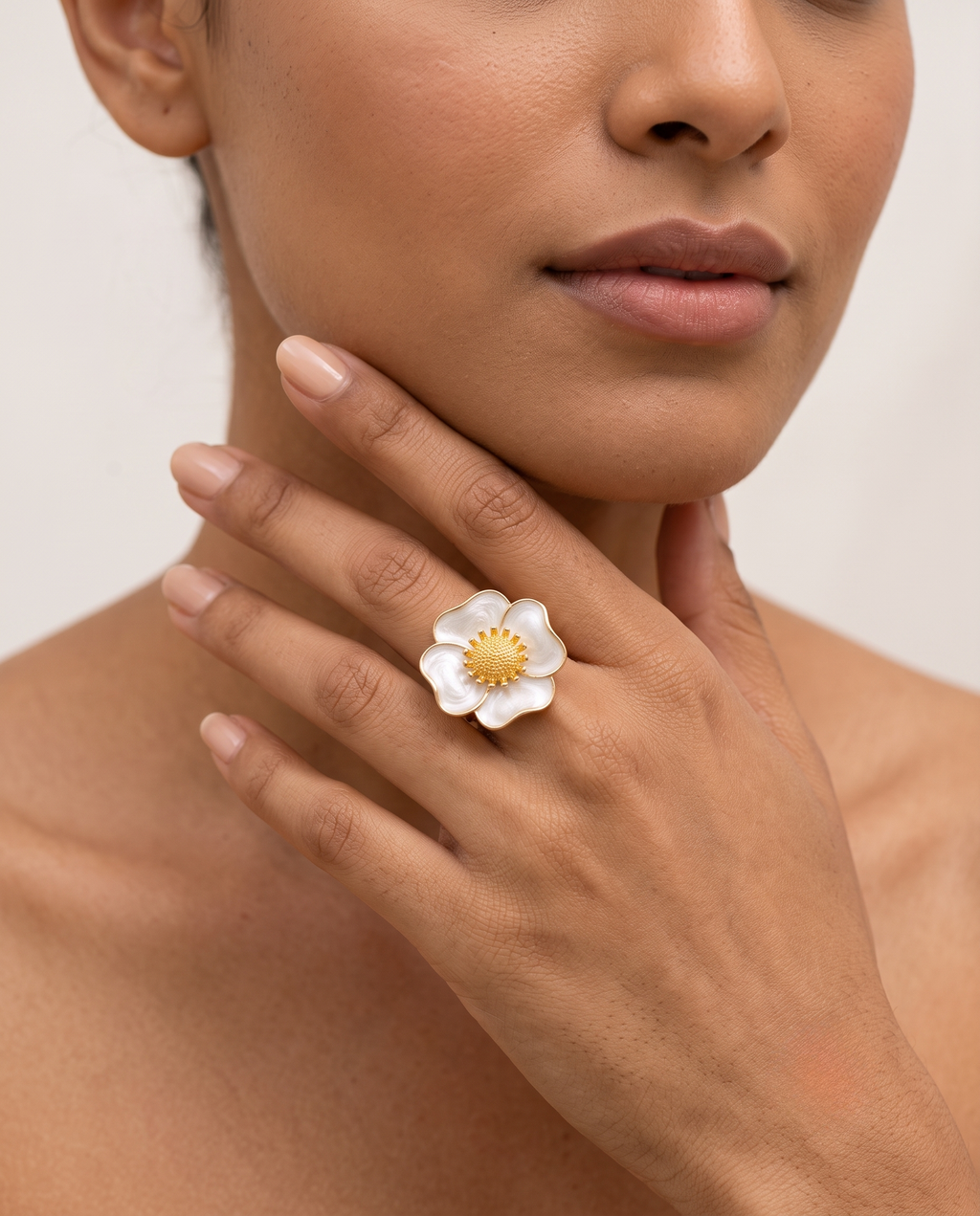 Pearl Blossom Ivory Enamel Floral Ring