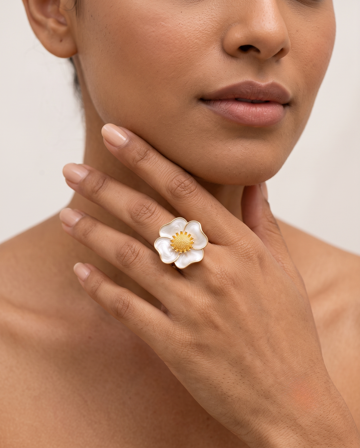 Pearl Blossom Ivory Enamel Floral Ring