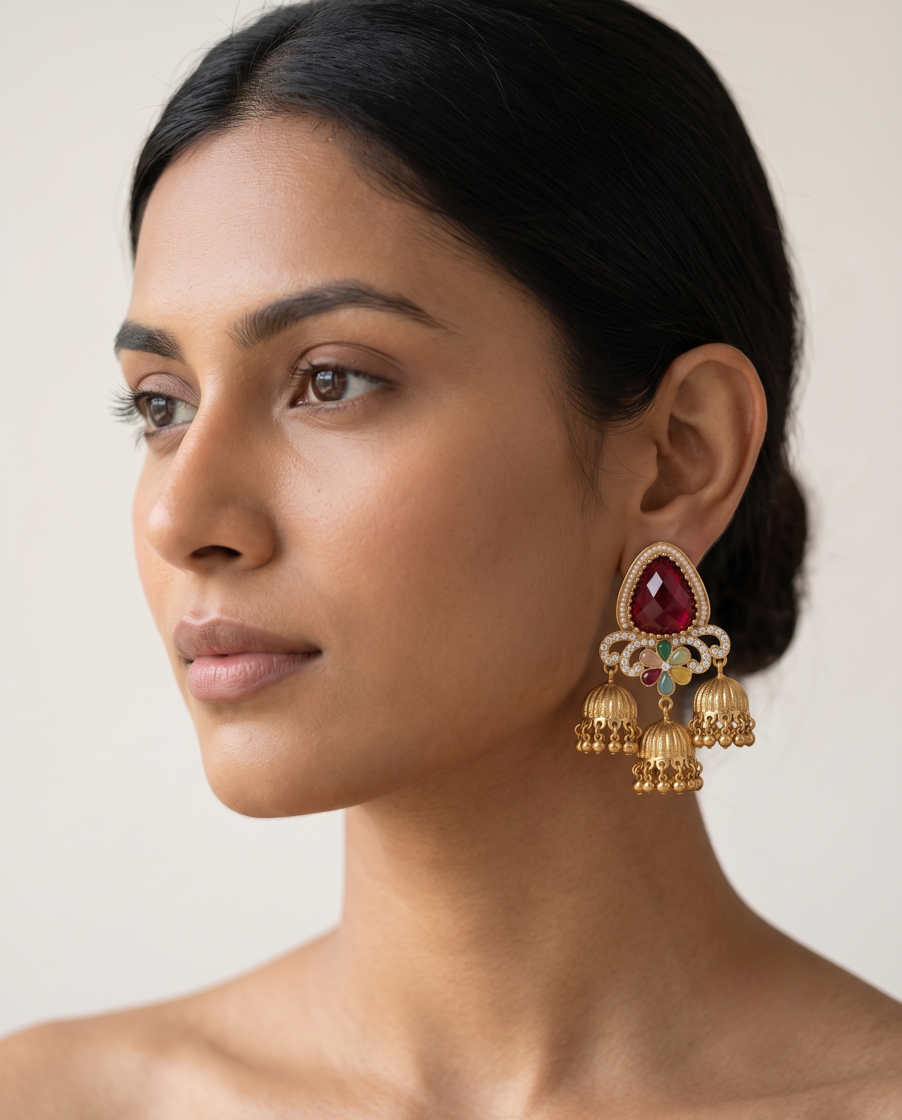 Ruby Red 3-Tier Antique Gold Jhumki