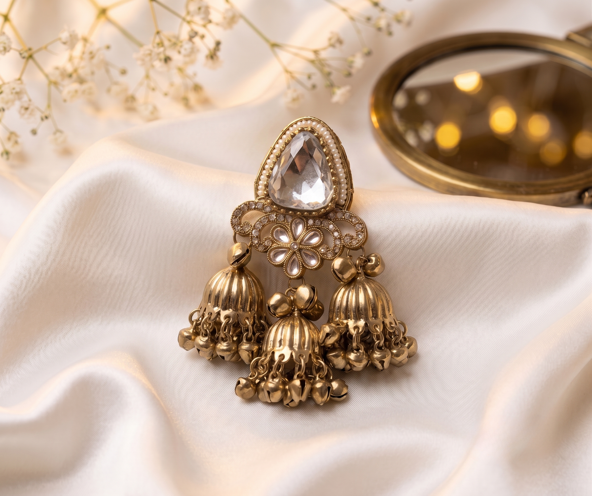 Crystal Clear 3-Tier Antique Gold Jhumki