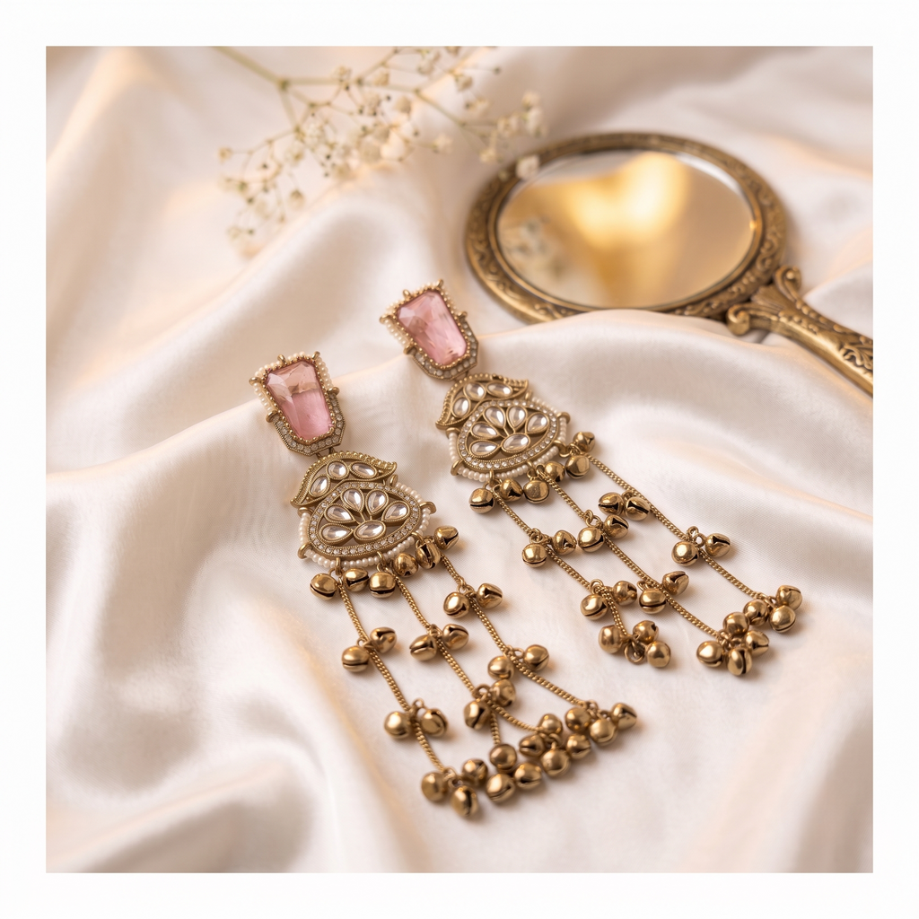 Peach Kundan Long Kashmiri Jhumki