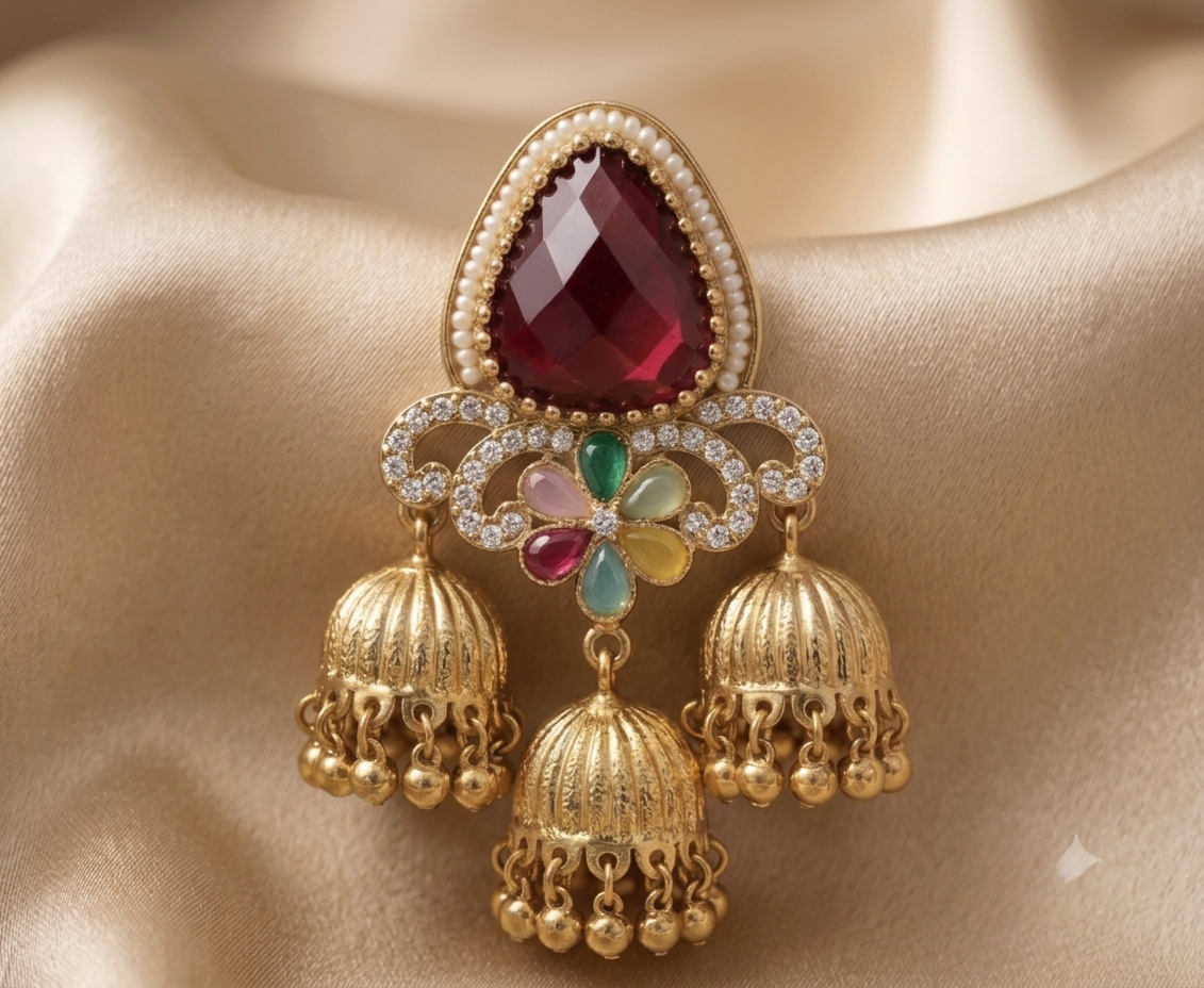 Ruby Red 3-Tier Antique Gold Jhumki