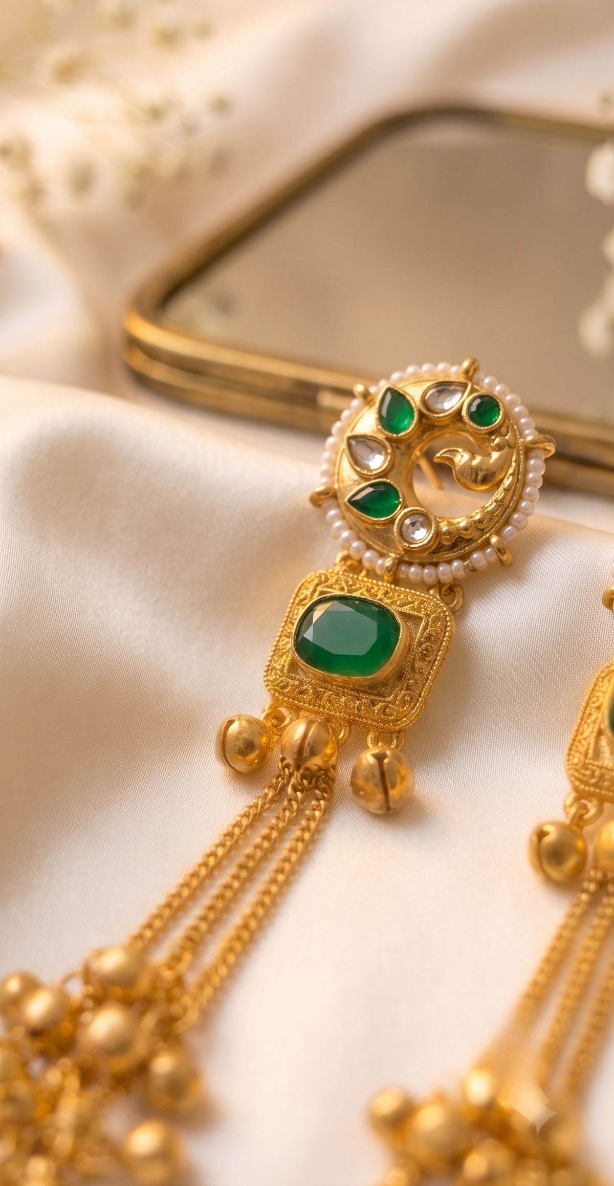 Green Kundan Long Gold-tone Jhumki – anti-tarnish earrings by PremRaga