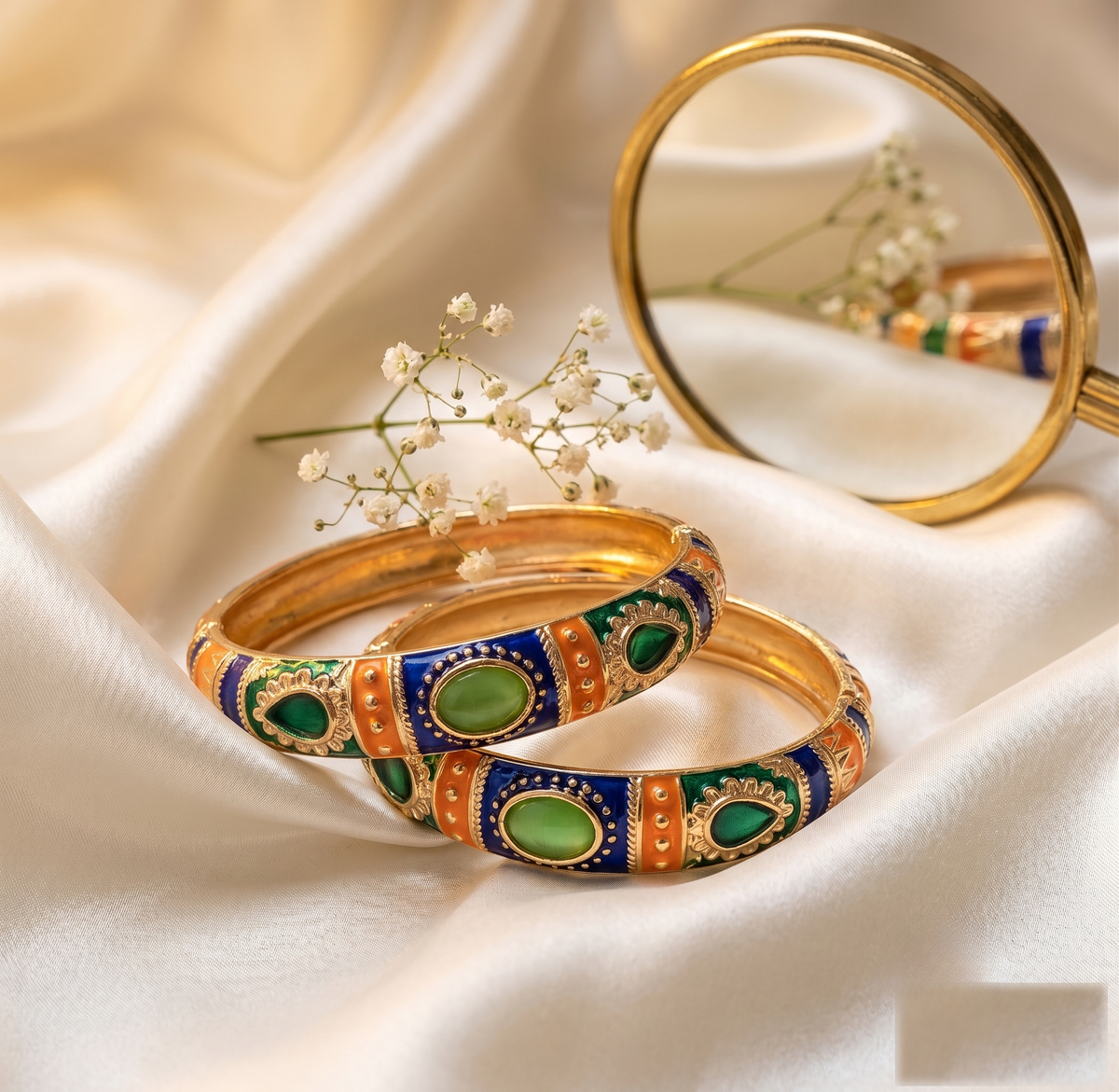Navy & Orange Stone Meenakari Kada (Set of 2)