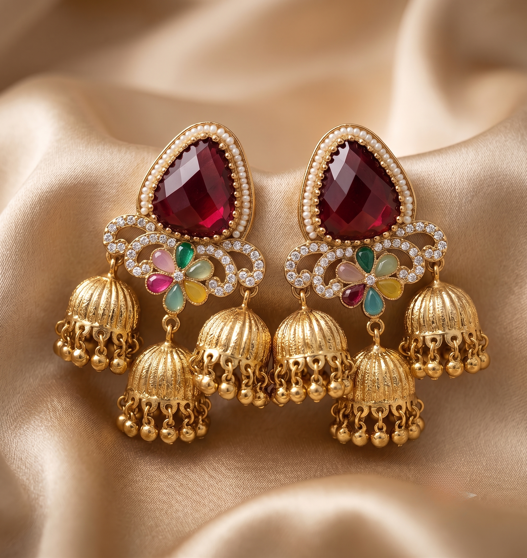 Ruby Red 3-Tier Antique Gold Jhumki – anti-tarnish earrings by PremRaga