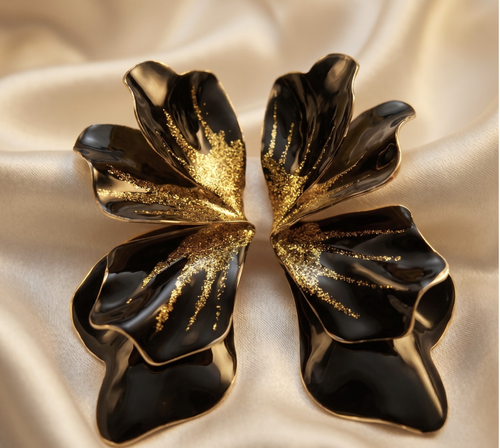 Black Glitter Petal Statement Earrings – anti-tarnish by PremRaga
