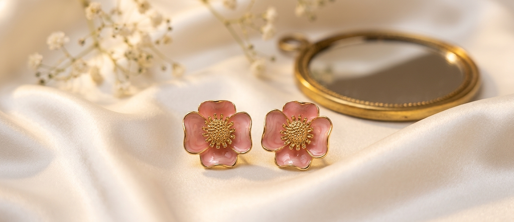 Pink Flower Enamel Stud Earrings