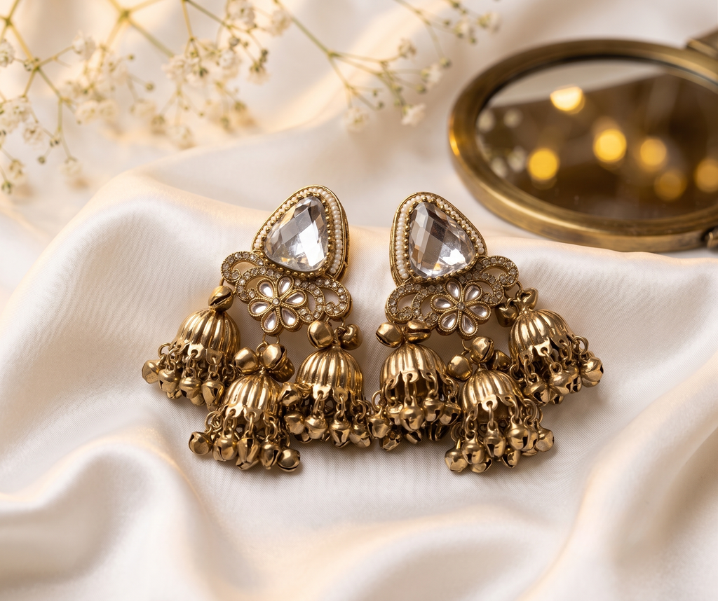 Crystal Clear 3-Tier Antique Gold Jhumki