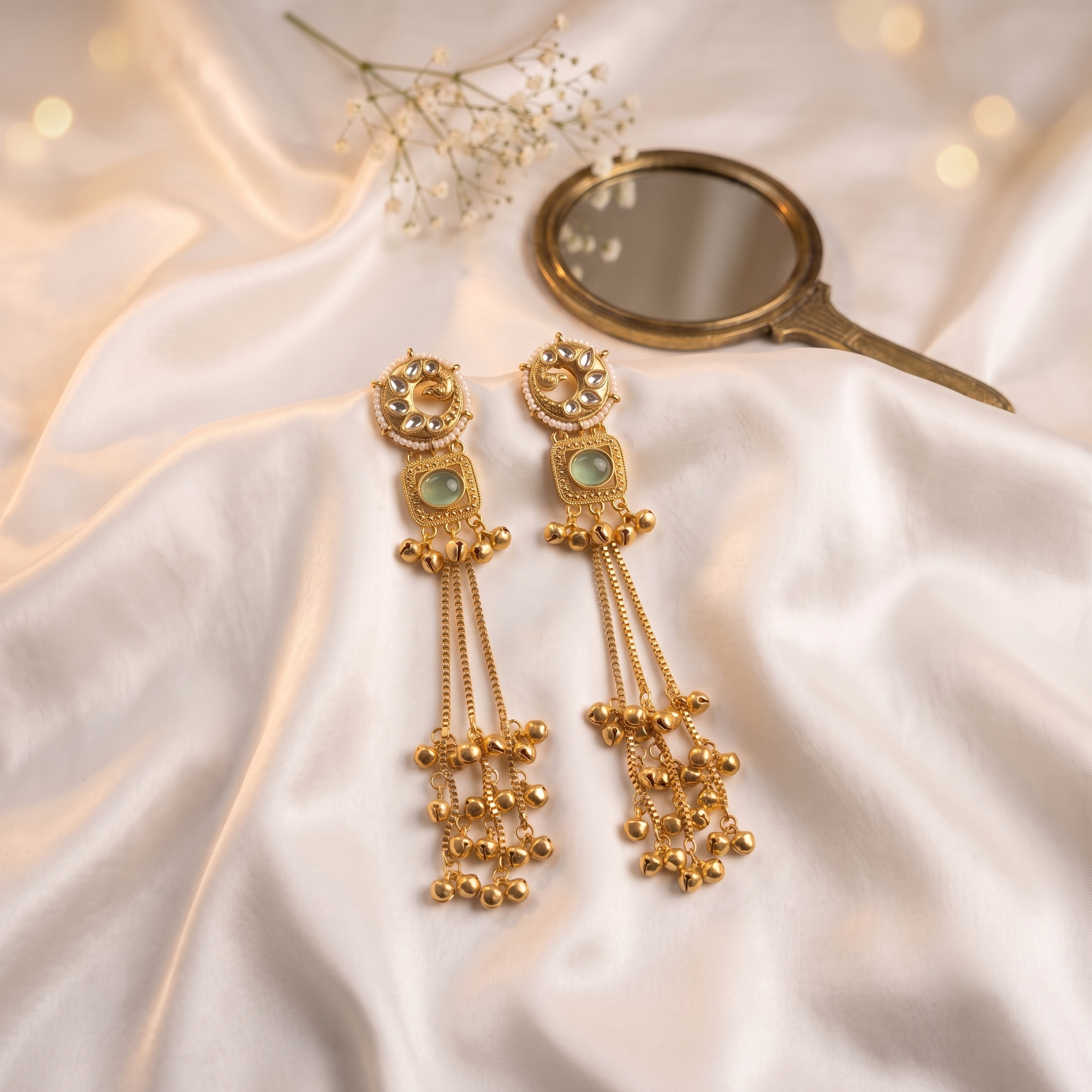 Mint Green Kundan Long Gold-tone Jhumki – anti-tarnish earrings by PremRaga