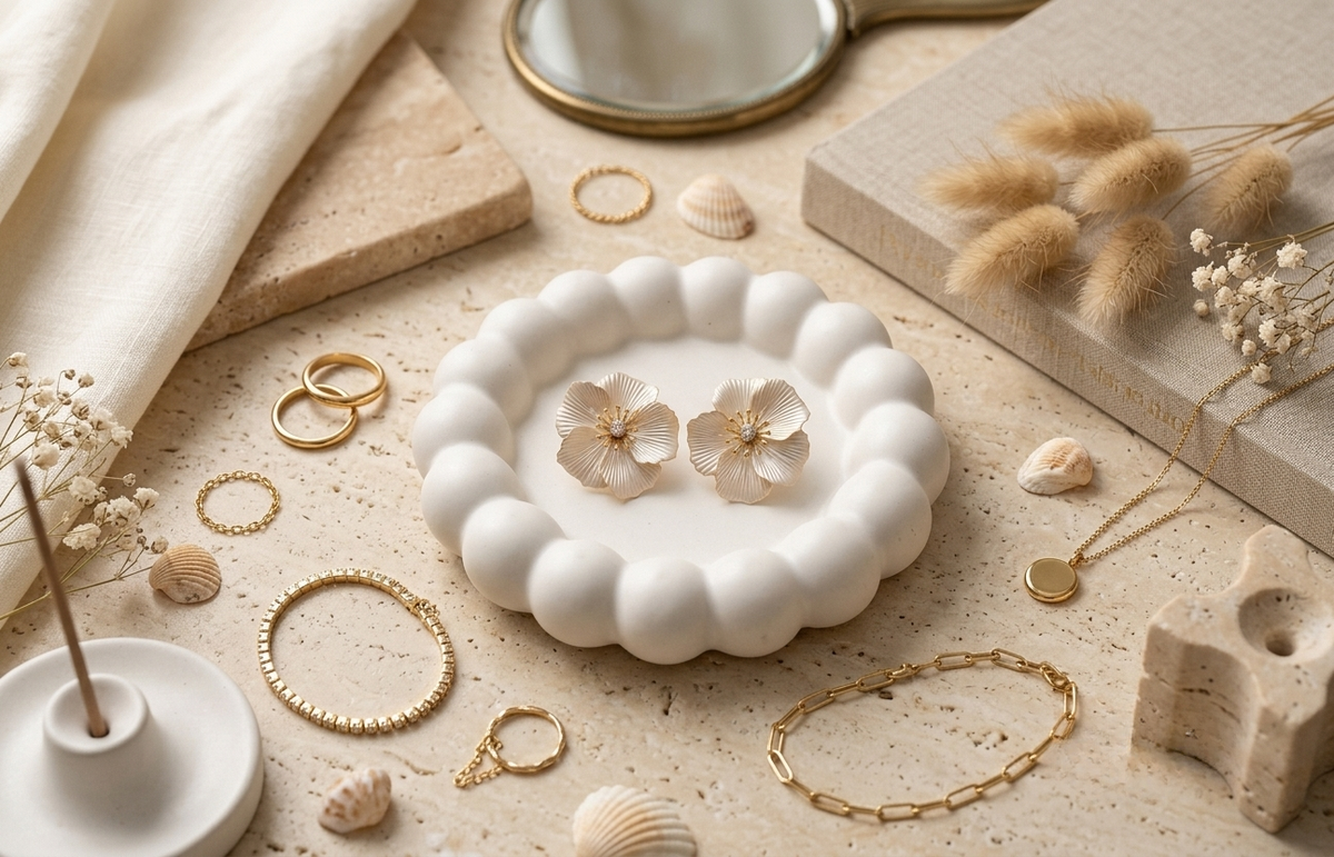 White Pearl Enamel Floral Statement Earrings