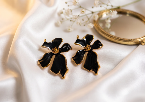 Black Glossy Enamel Floral Statement Earrings
