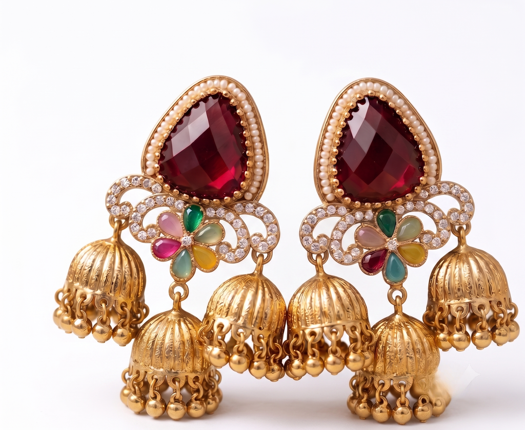 Ruby Red 3-Tier Antique Gold Jhumki