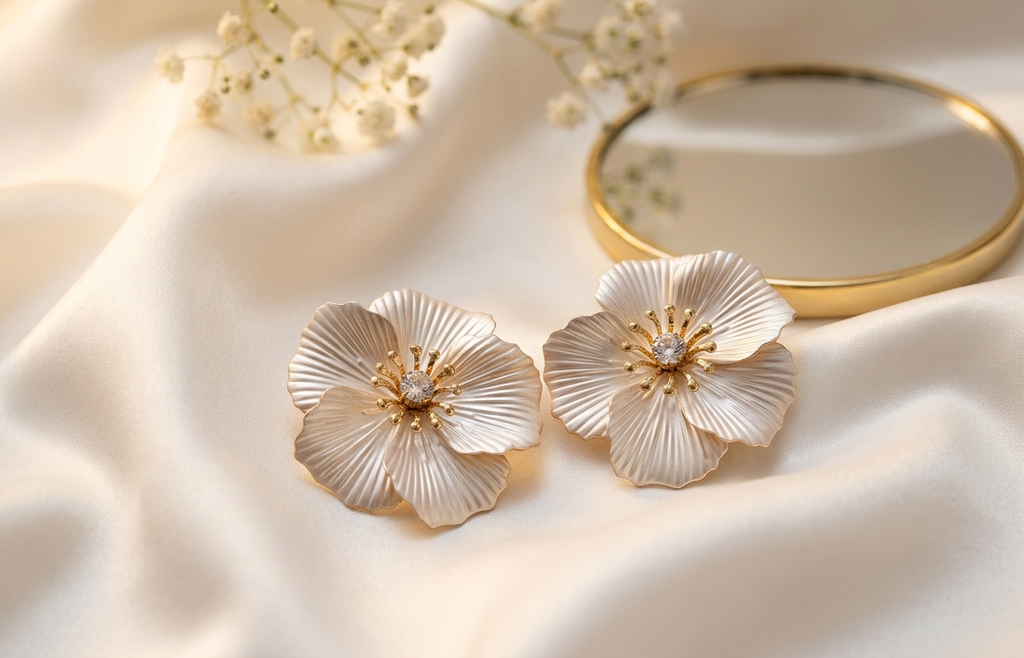 White Pearl Enamel Floral Statement Earrings
