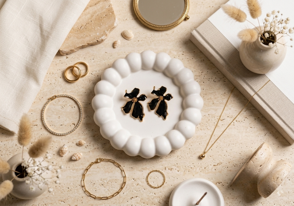Black Glossy Enamel Floral Statement Earrings