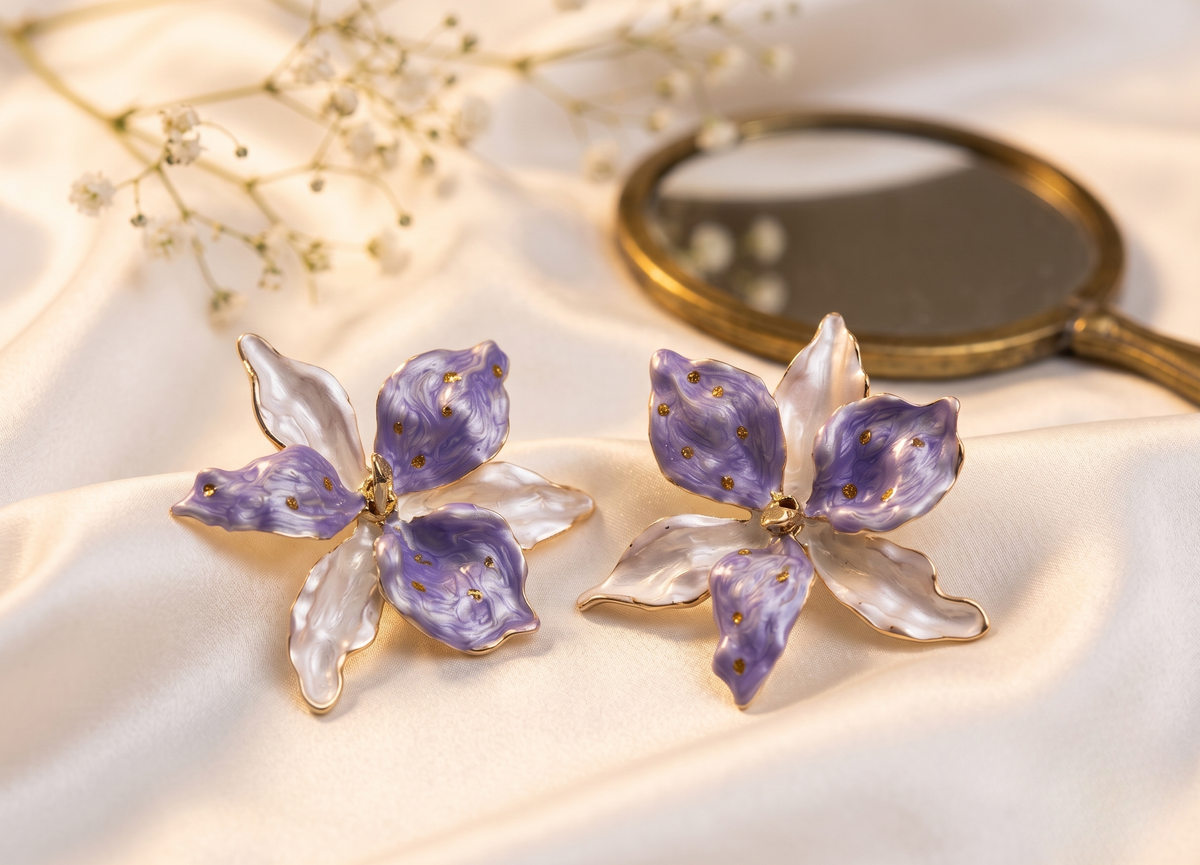 Lavender & White Dual-Tone Enamel Floral Earrings