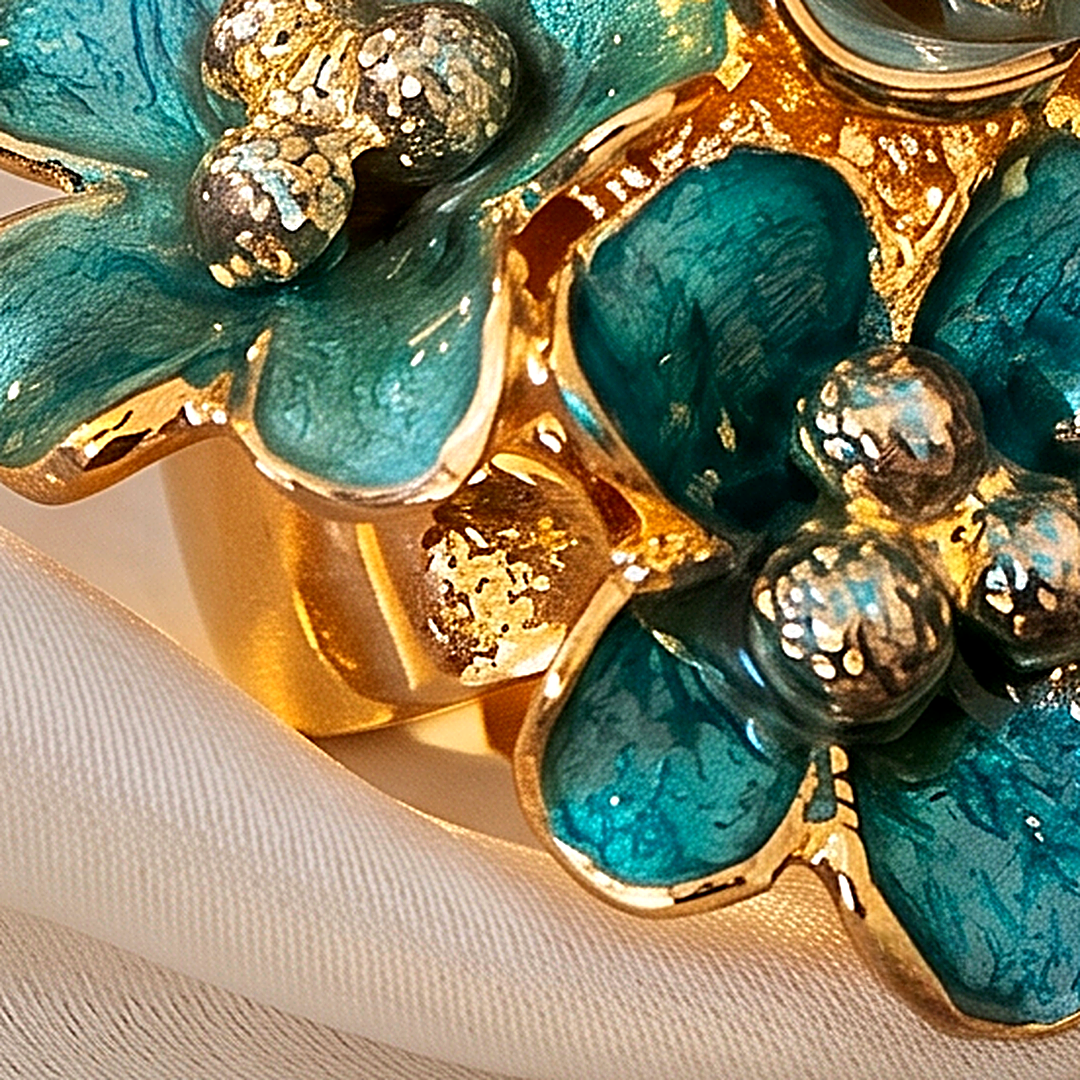 Emerald Bloom Teal Enamel Floral Ring