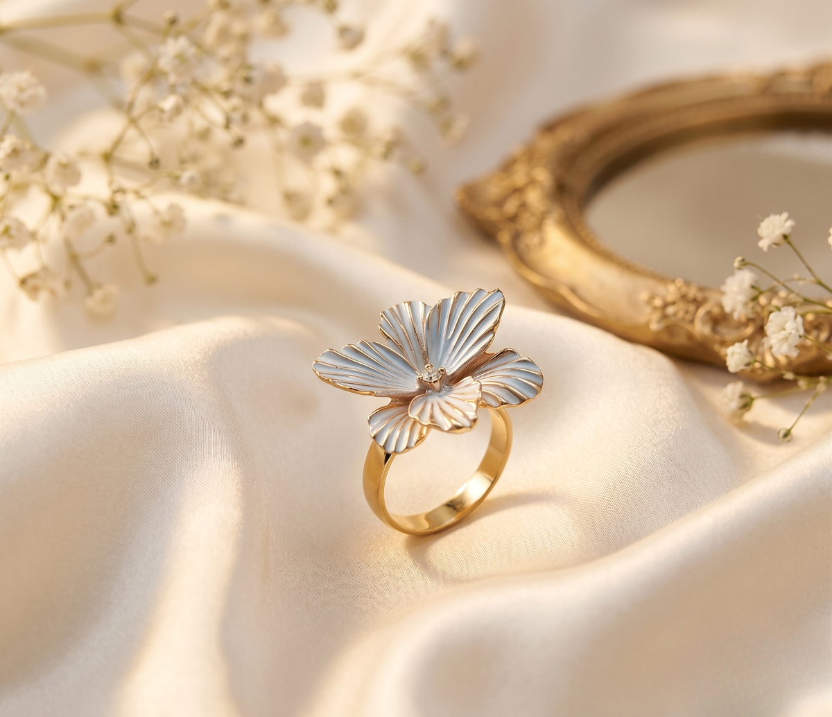 Snow Petal White Enamel Floral Ring – anti-tarnish by PremRaga