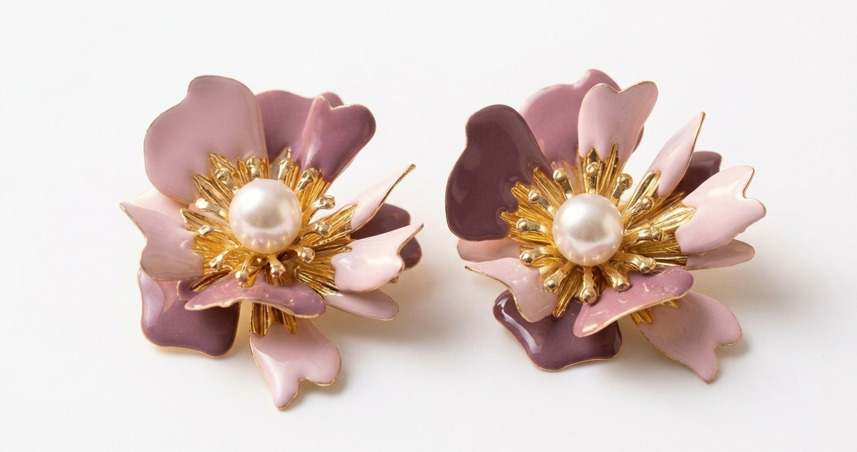 Mauve & Pink Dual Floral Pearl Earrings
