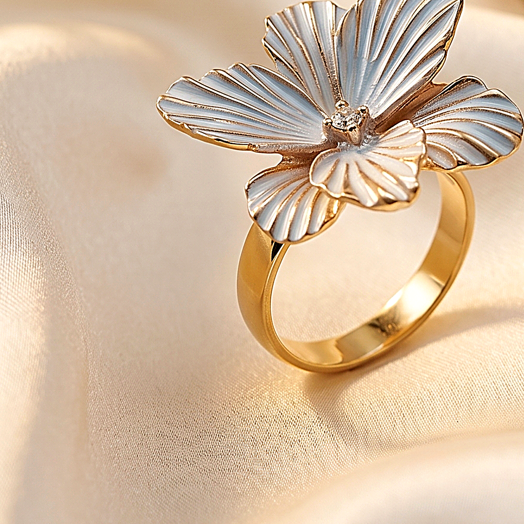 Snow Petal White Enamel Floral Ring