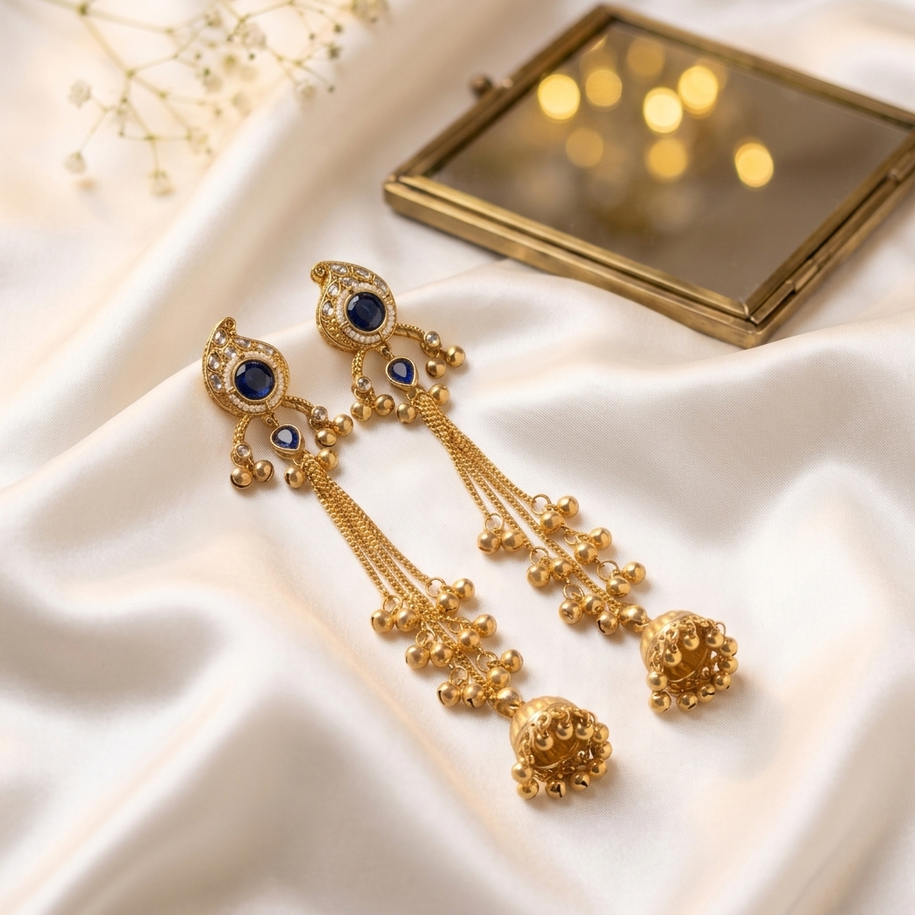 Navy Blue Kundan Long Gold-tone Jhumki – anti-tarnish earrings by PremRaga