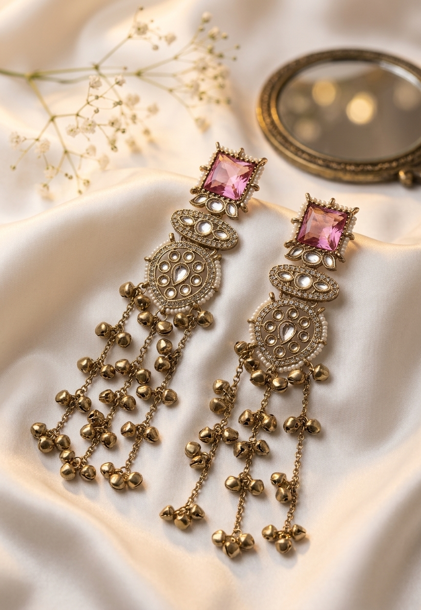 Rose Pink Kundan Long Kashmiri Jhumki – anti-tarnish earrings by PremRaga