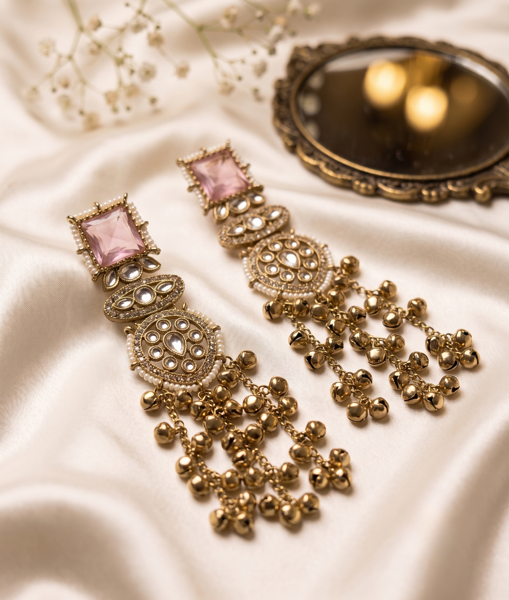 Blush Pink Kundan Long Kashmiri Jhumki – anti-tarnish earrings by PremRaga