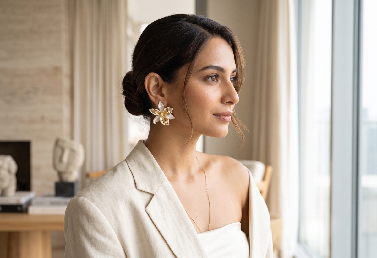 Ivory Dual-Tone Gold Enamel Floral Earrings