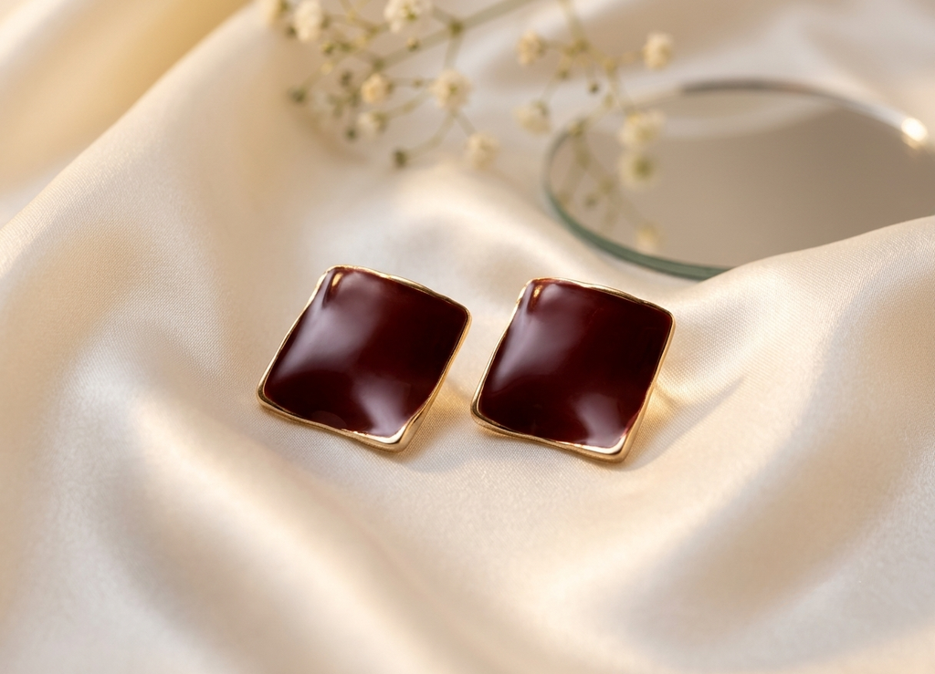 Maroon Square Enamel Stud Earrings