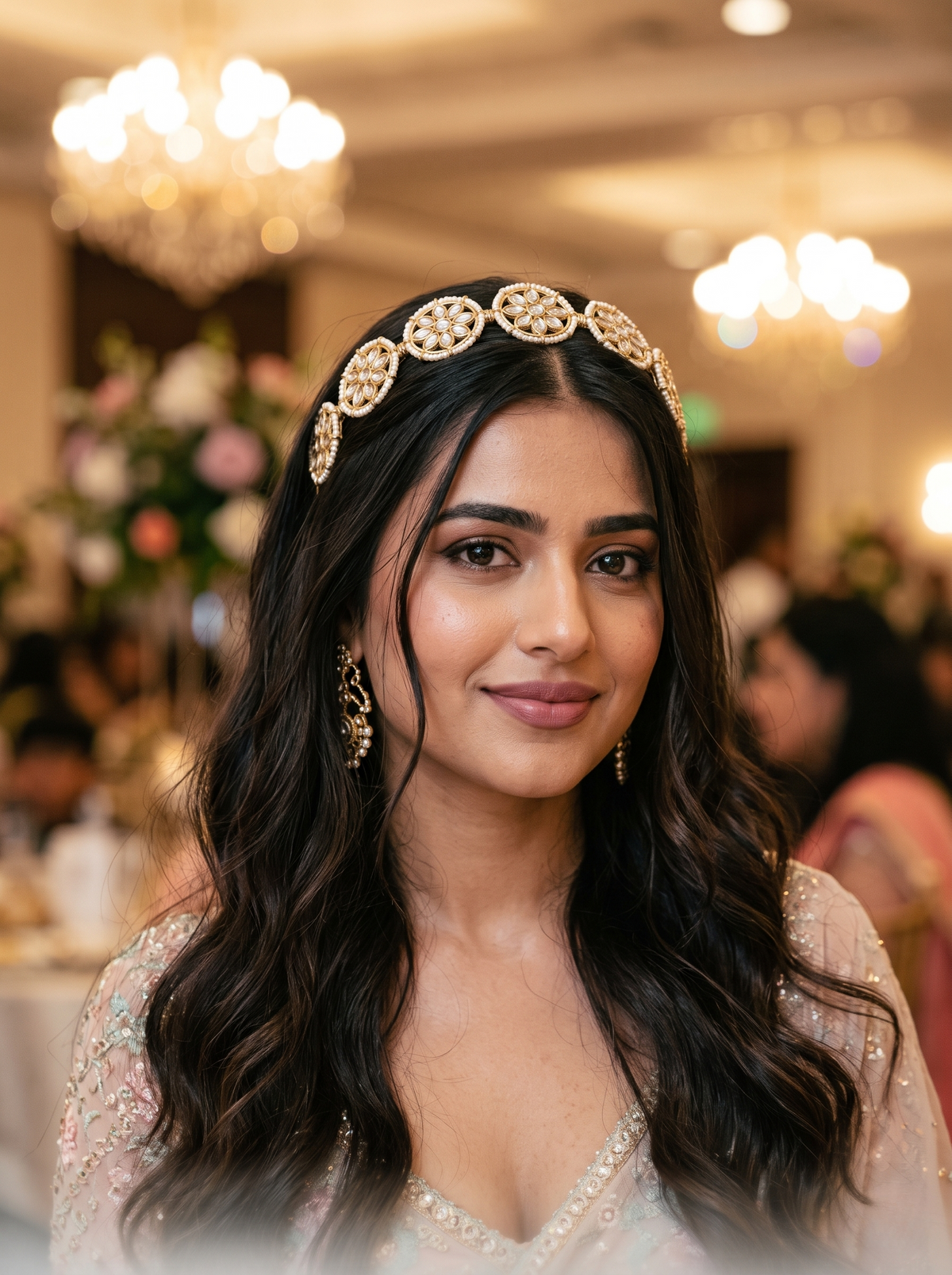 Model wearing Crowning Glory kundan and pearl floral hairband
